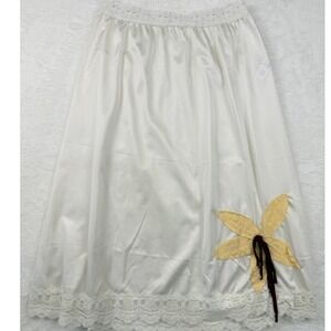 Vintage Upcycled Olga Slip Skirt Small Ivory Lace Floral Applique Coquette